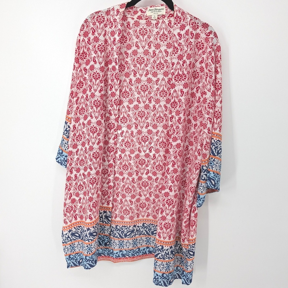 Norm Thompson Kimono Top Women 1X Red Floral Paisley Open Front Lightweight Boho